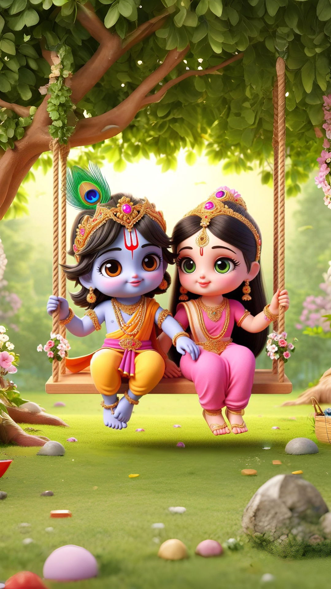 Krishna and Radha on a swing.