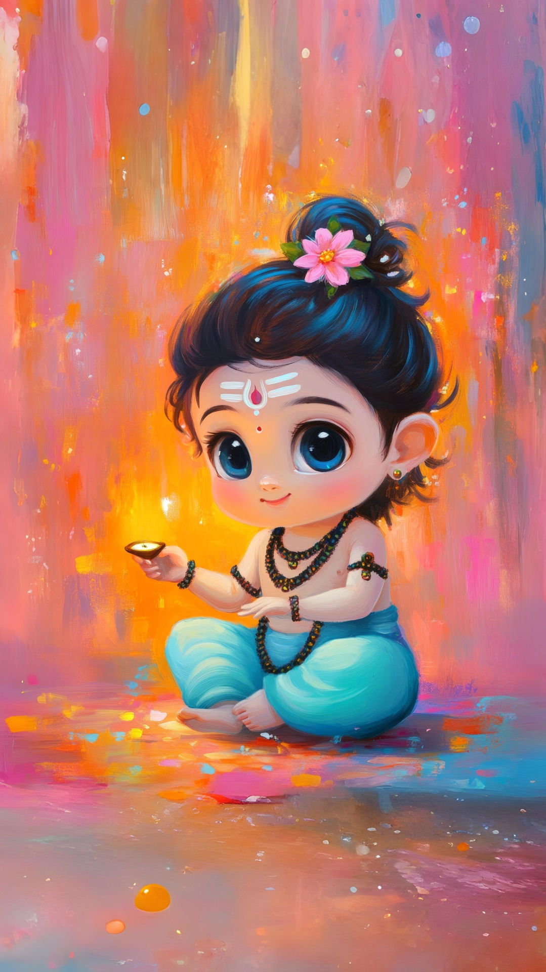 Adorable baby Shiva with flower and diya