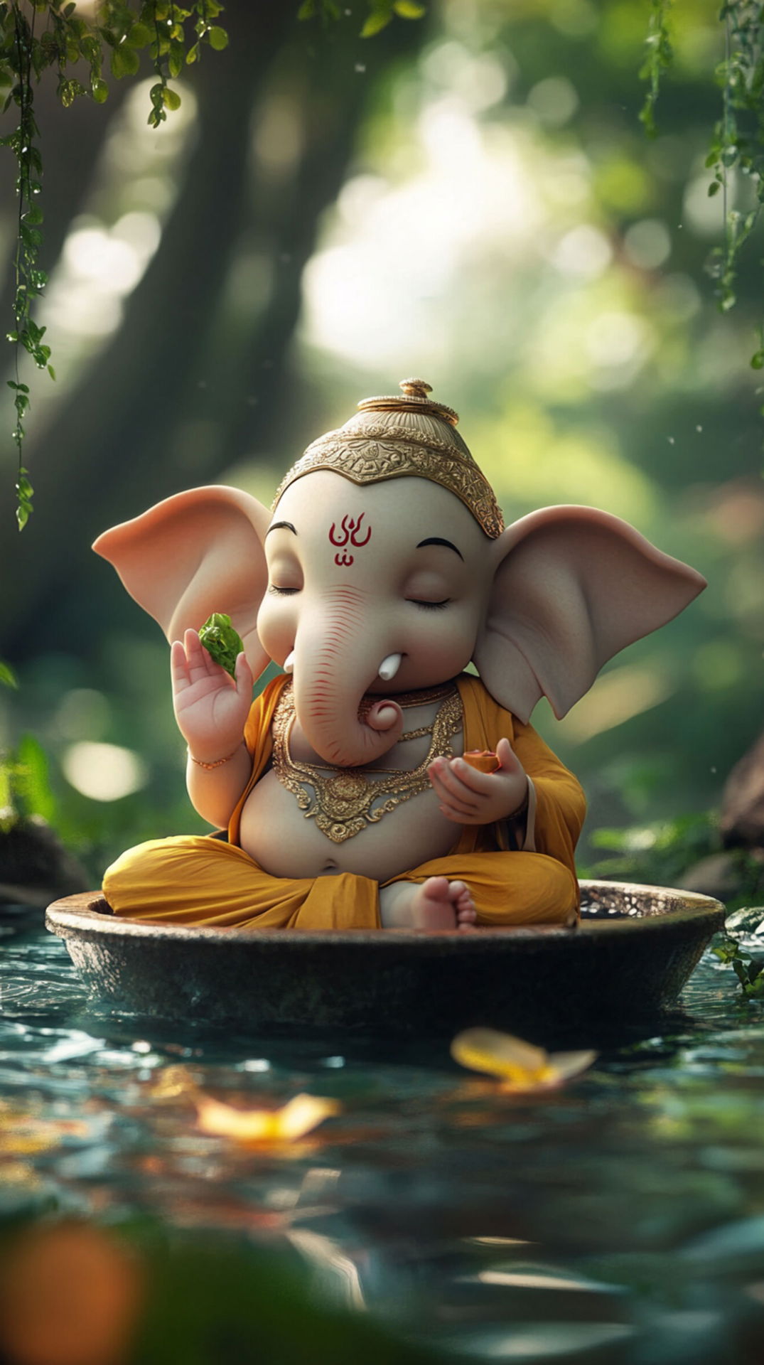 Ganesha meditating on a lotus leaf