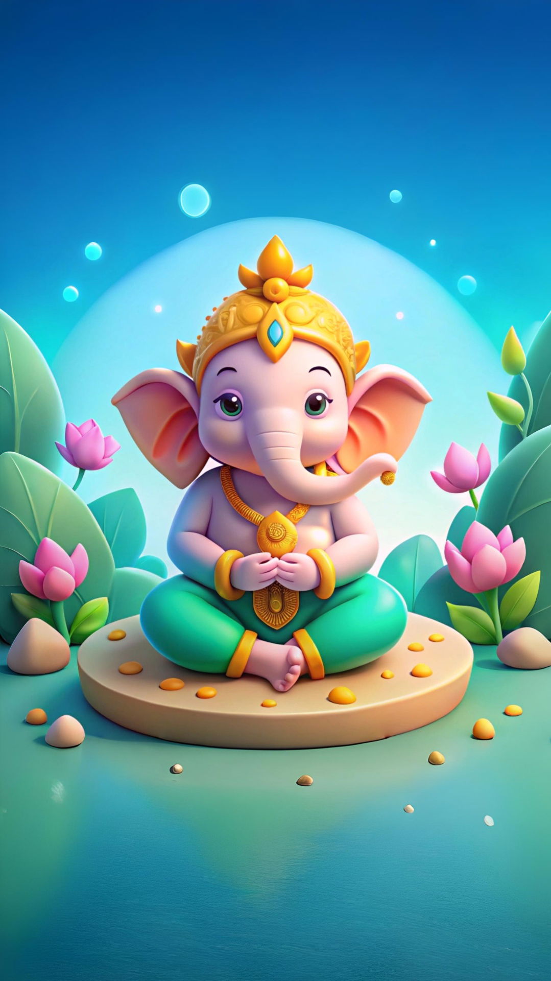 Smiling Ganesha amidst lotus flowers