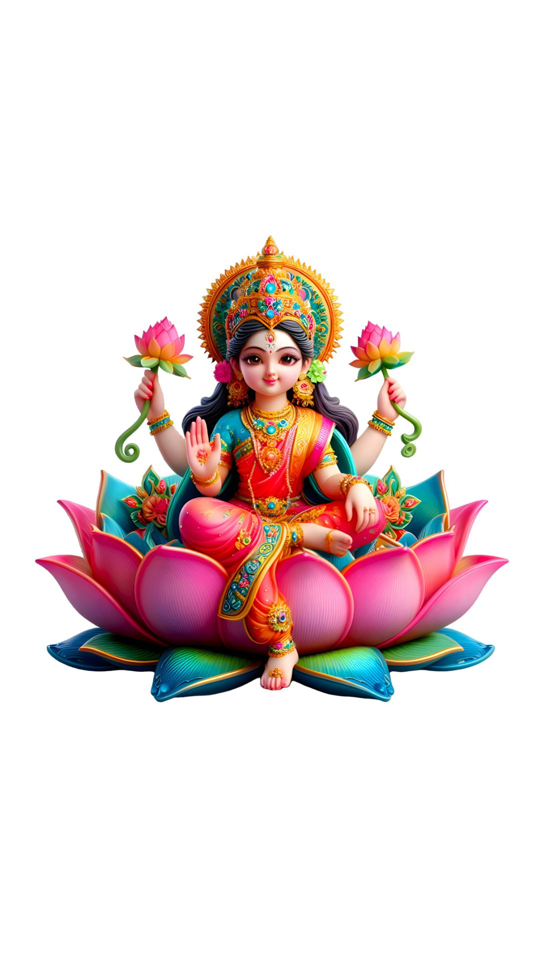 Goddess Lakshmi seated on lotus flower.