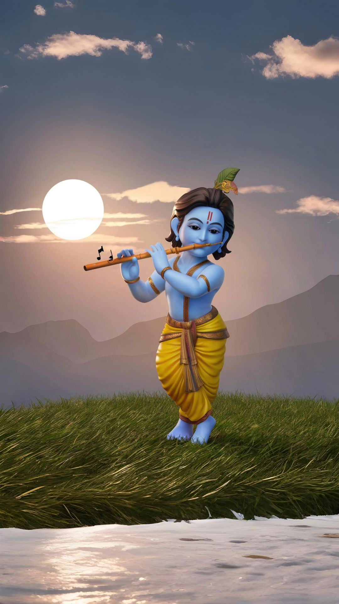 Young Krishna playing a flute beautifully.