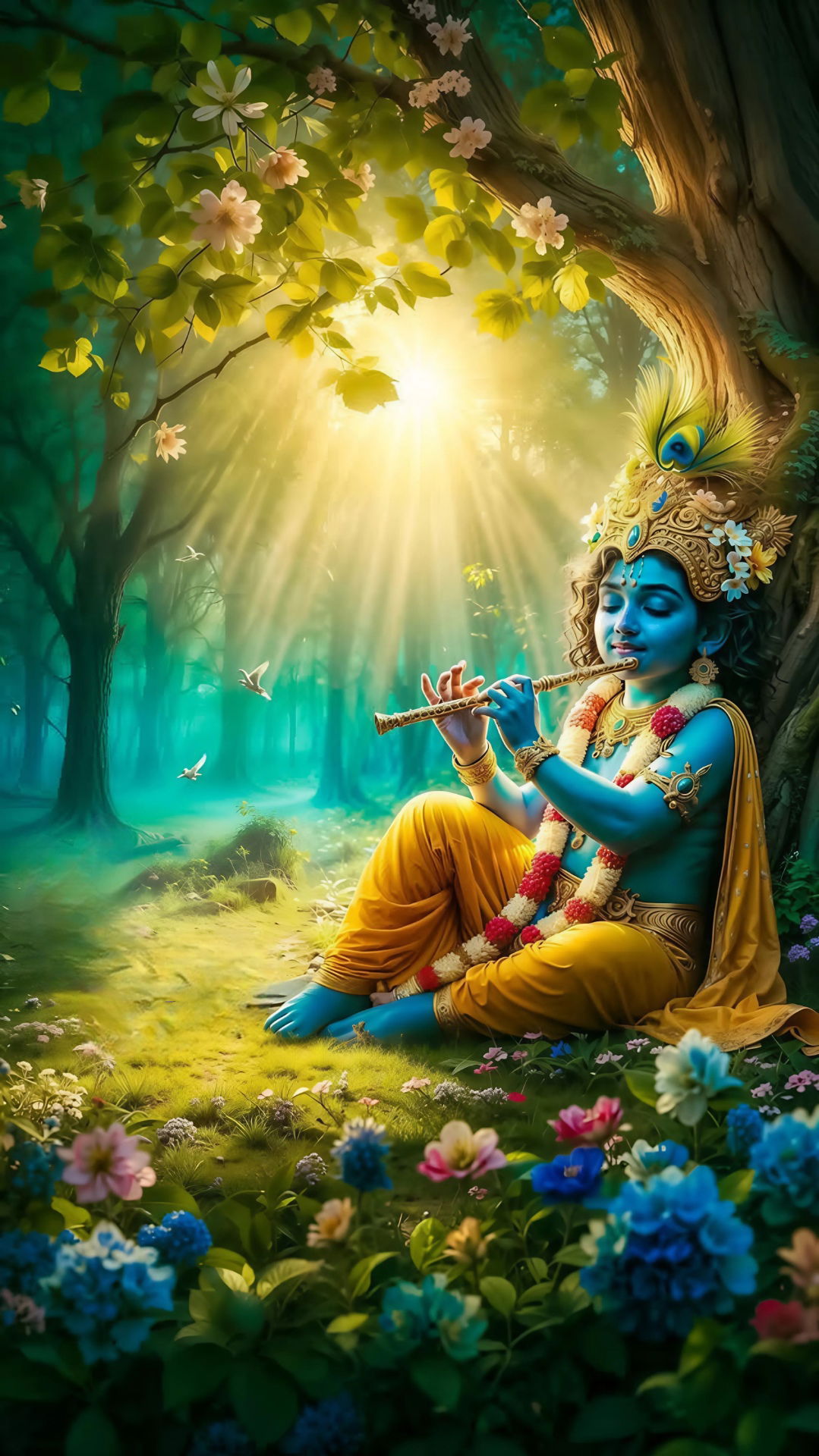 Krishna playing flute in forest