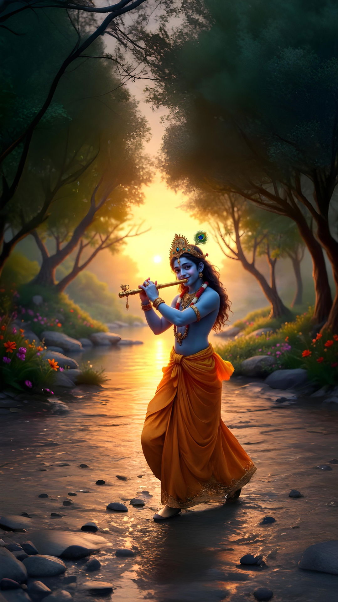Krishna playing flute in Vrindavan forest