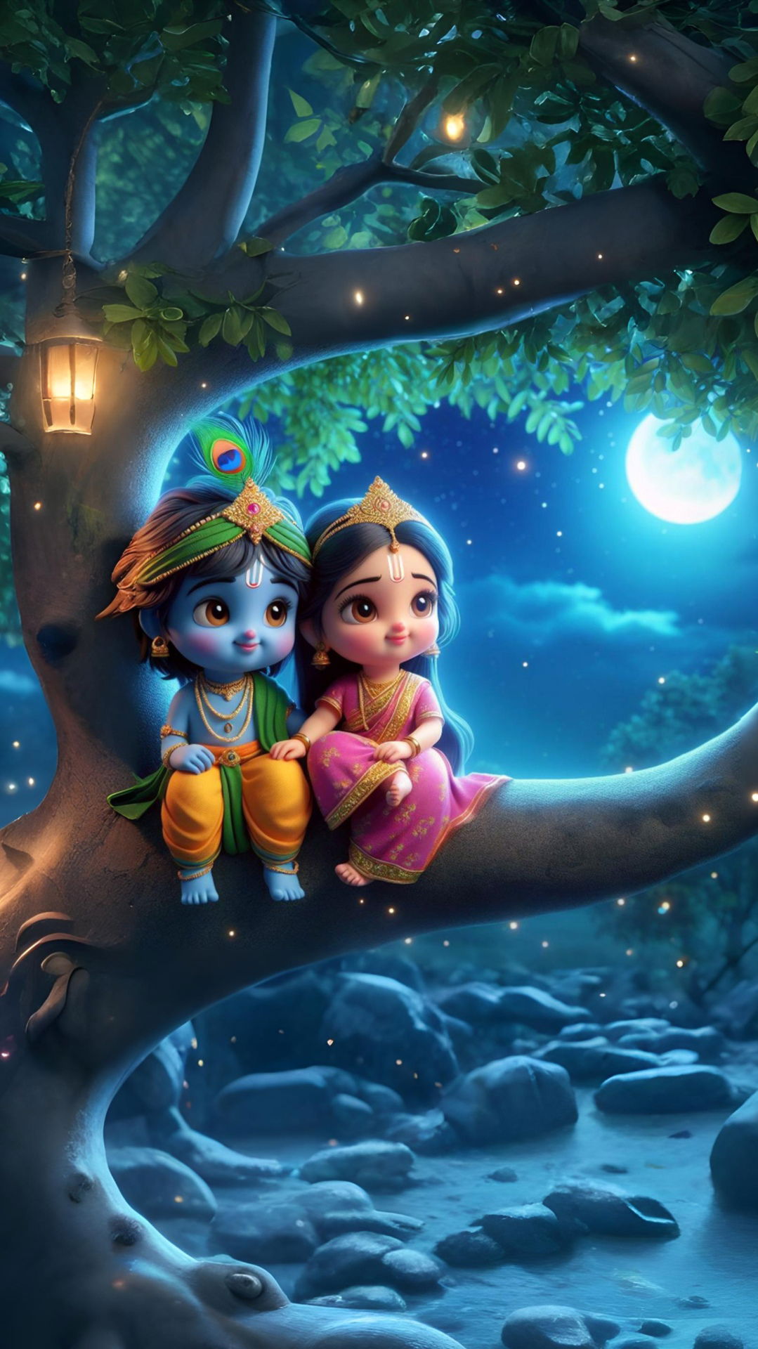 Cute Krishna Radha wallpaper under moonlight