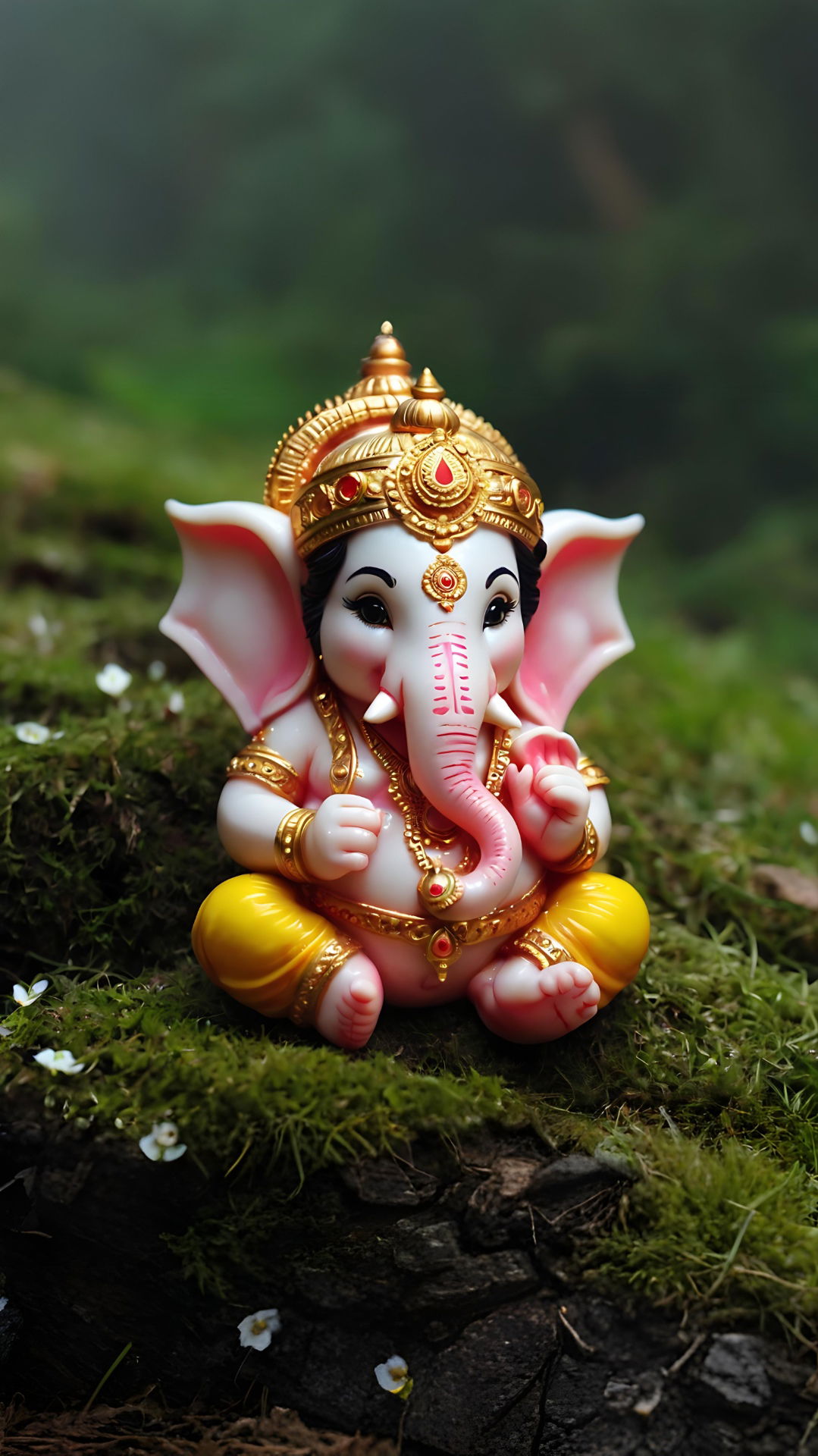 Ganesha idol among lush green moss