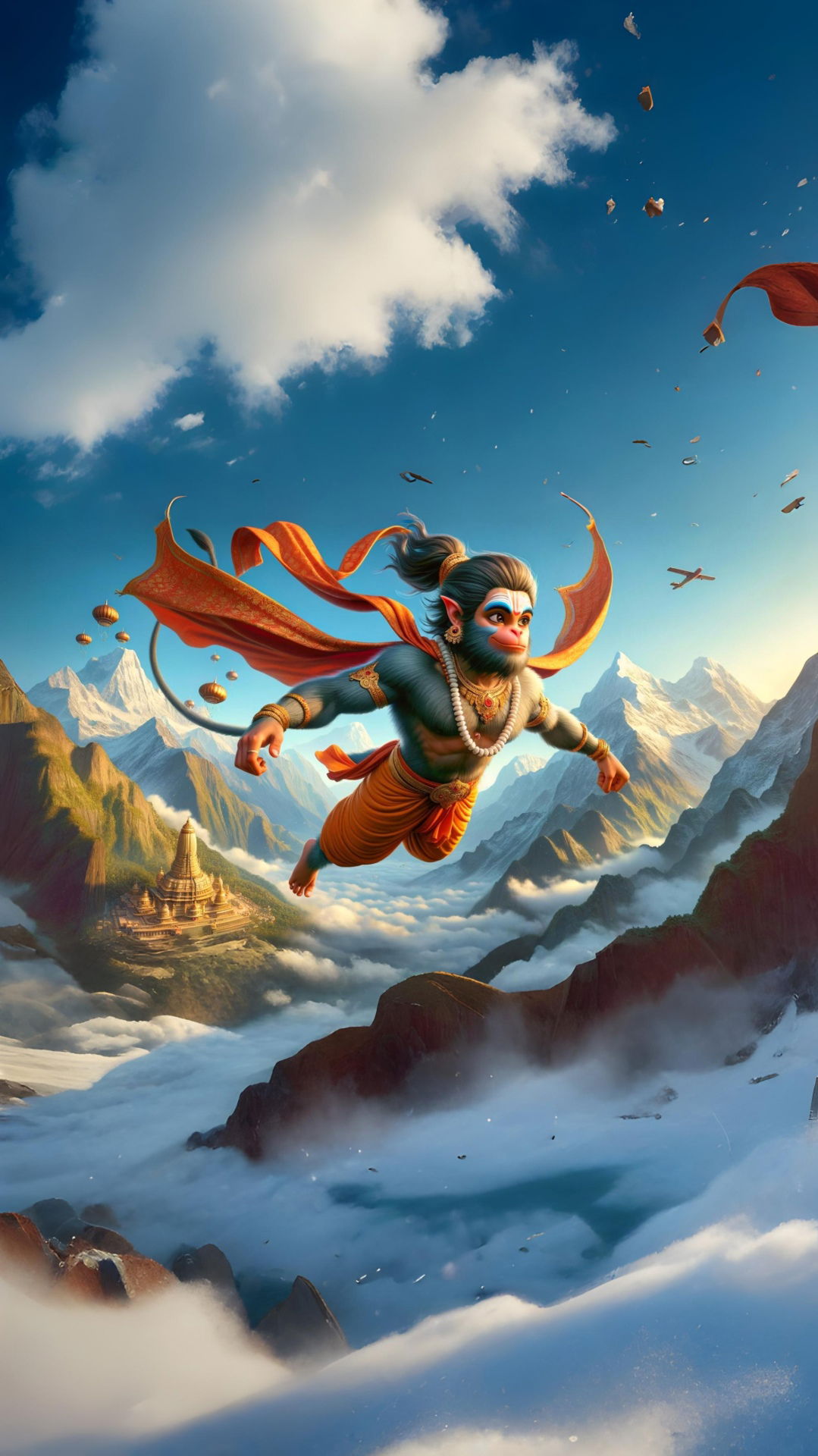Hanuman carrying mountain, Ramayana scene