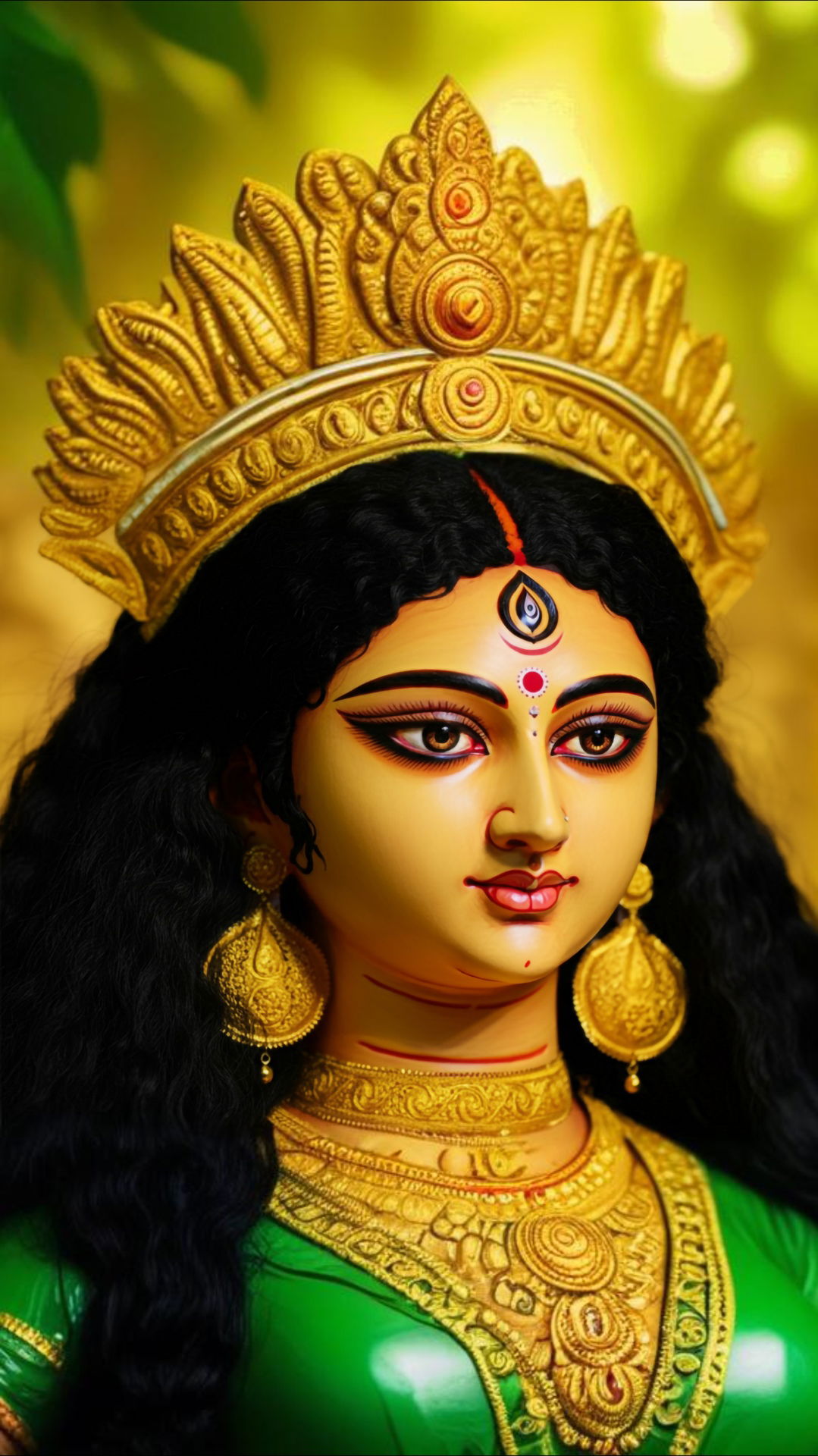 Close-up of durga maa\'s serene face.
