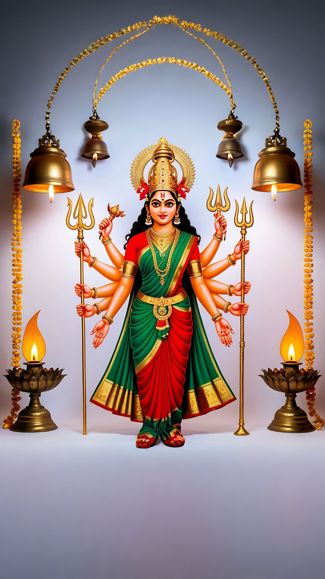 Durga Maa with weapons and golden bells