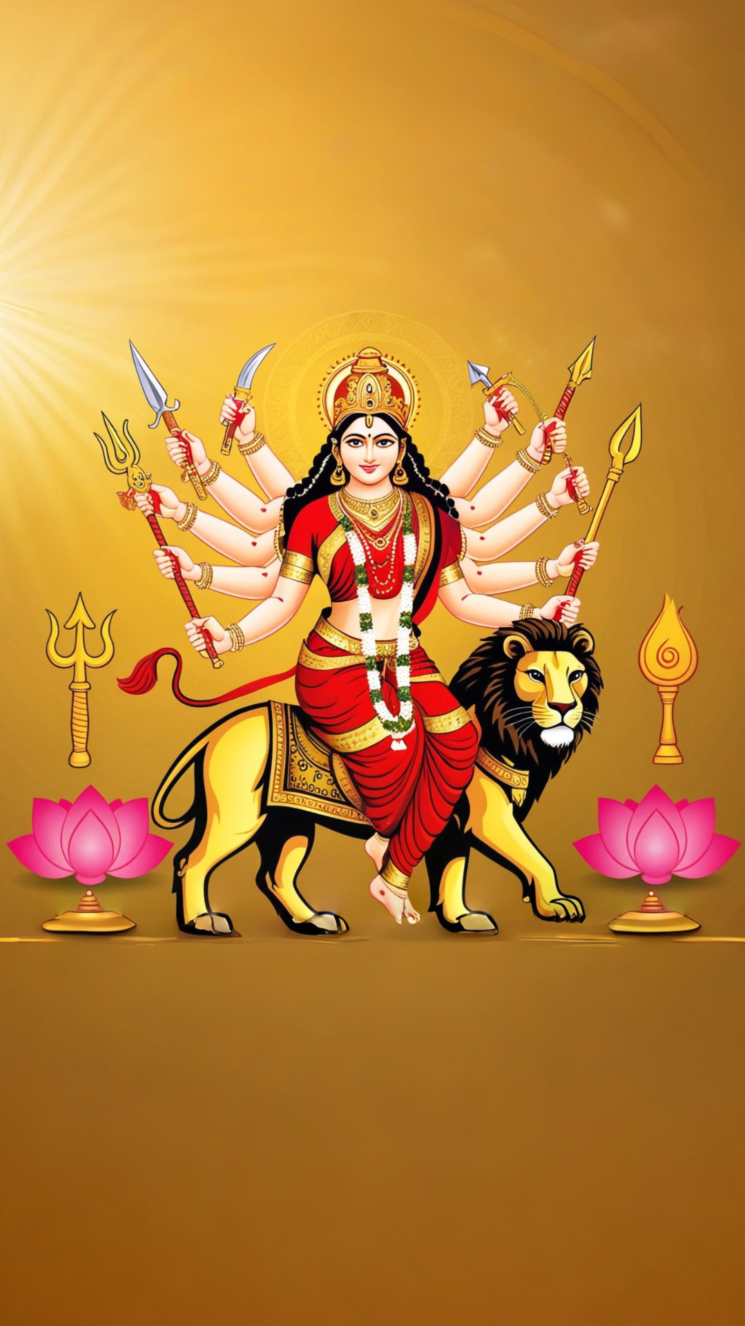 Durga Maa riding a golden lion.