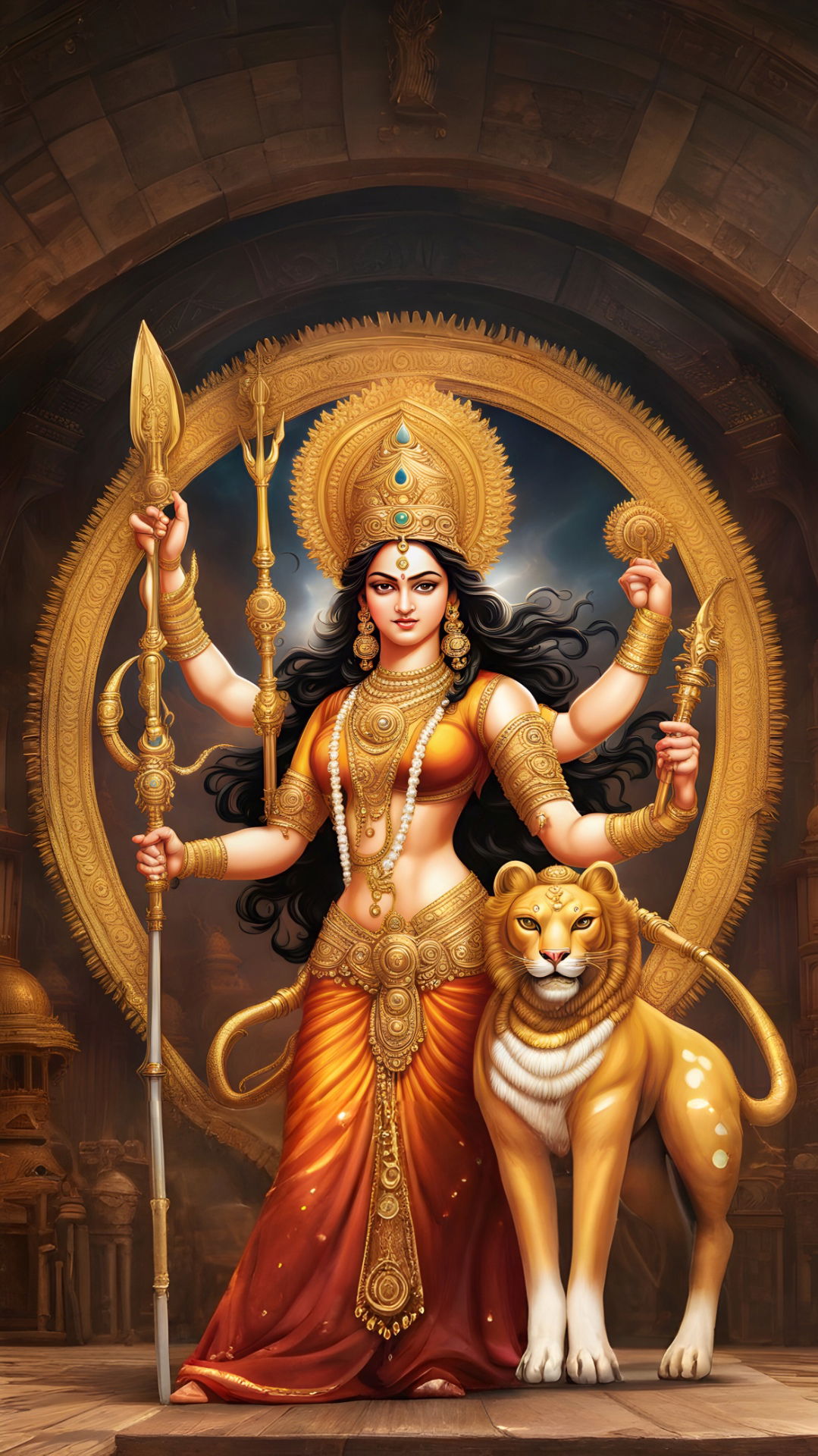 Goddess Durga stands with lion and weapons