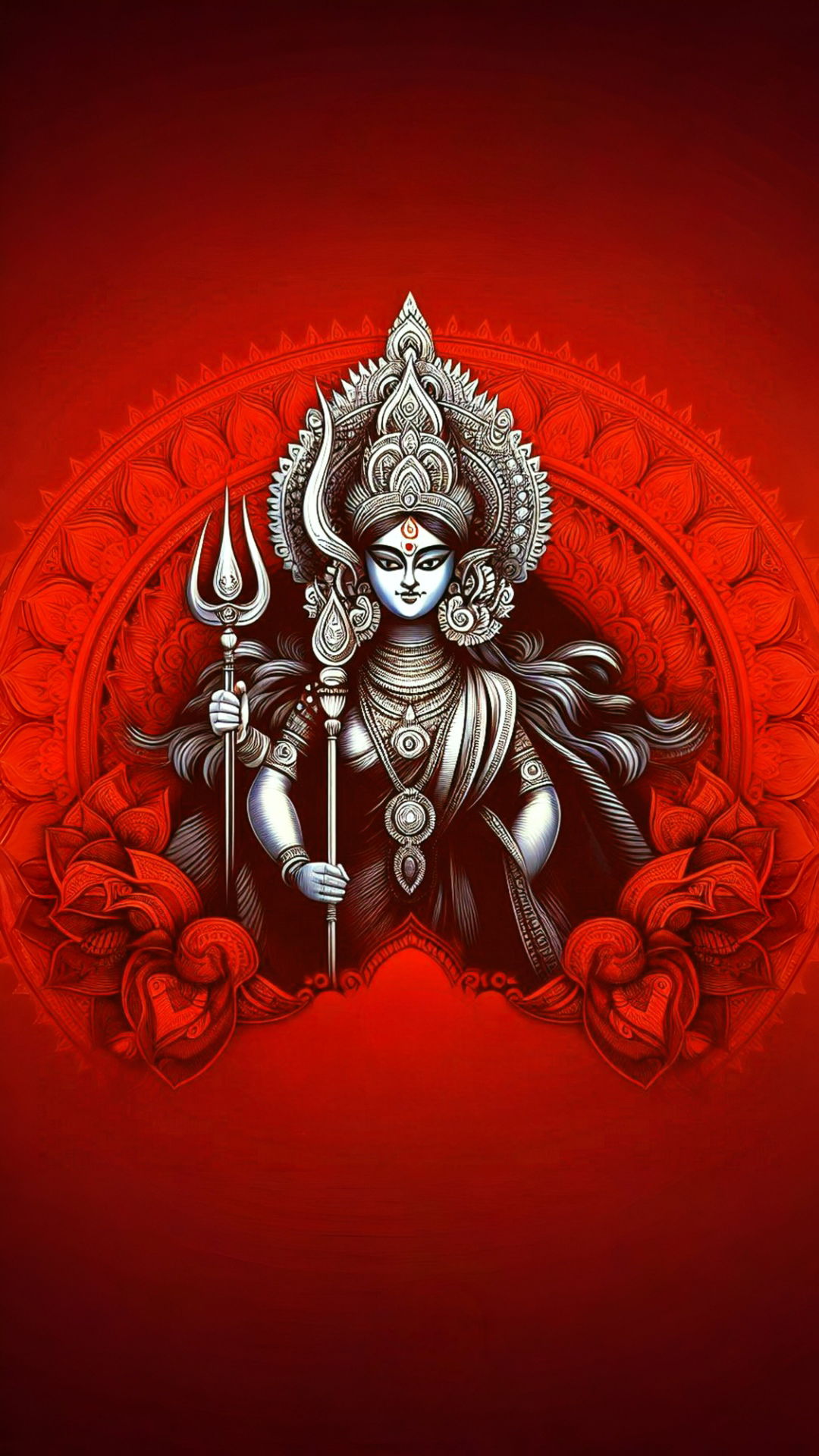 Durga Maa, crimson background, divine strength