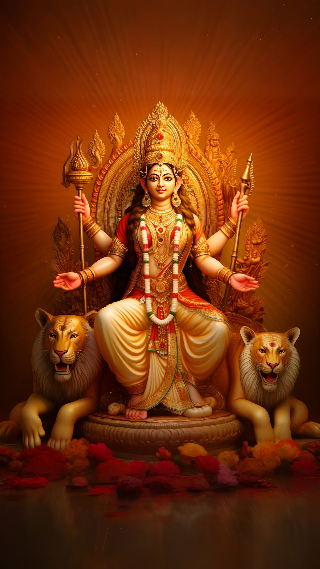Durga Maa seated on a throne with lions