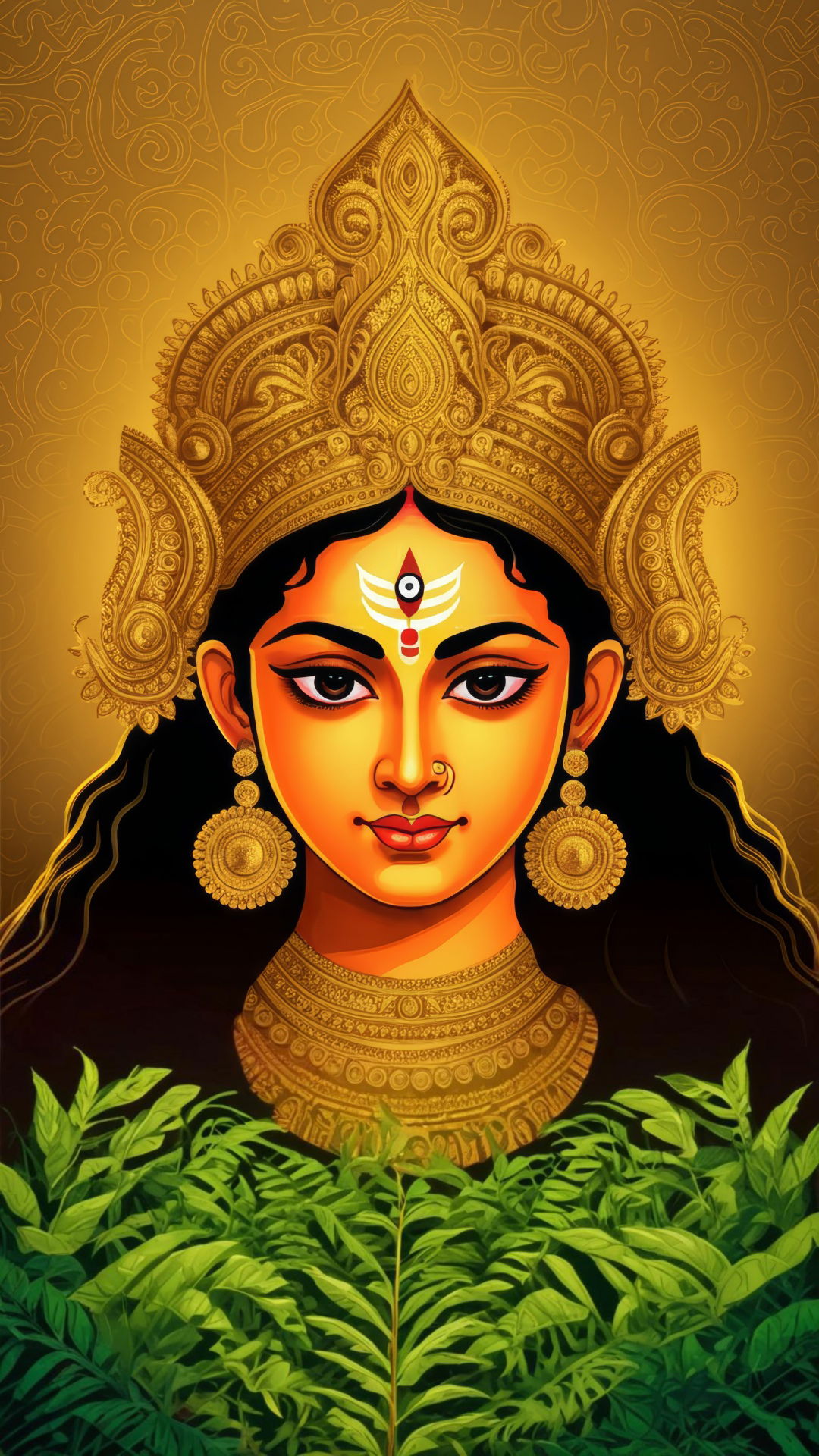 Close-up of Goddess Durga\'s radiant face.