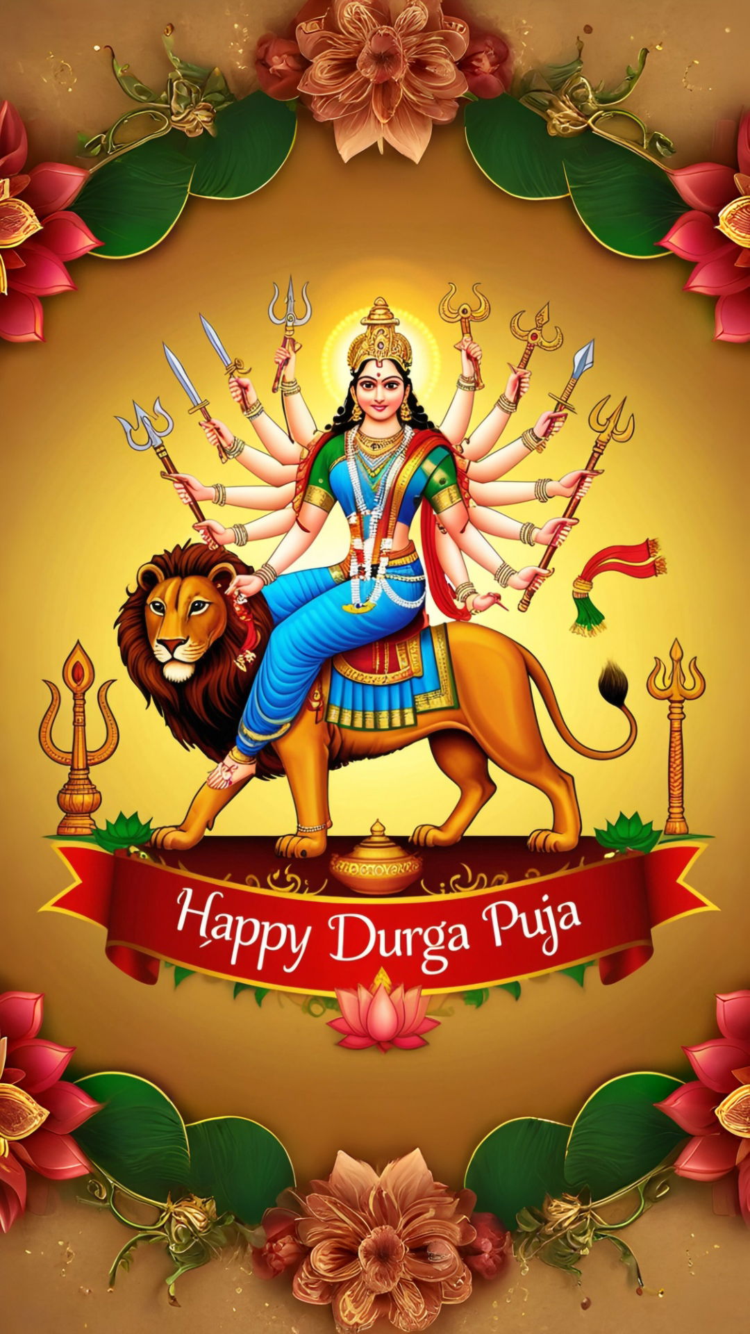 Durga Maa riding a majestic lion.