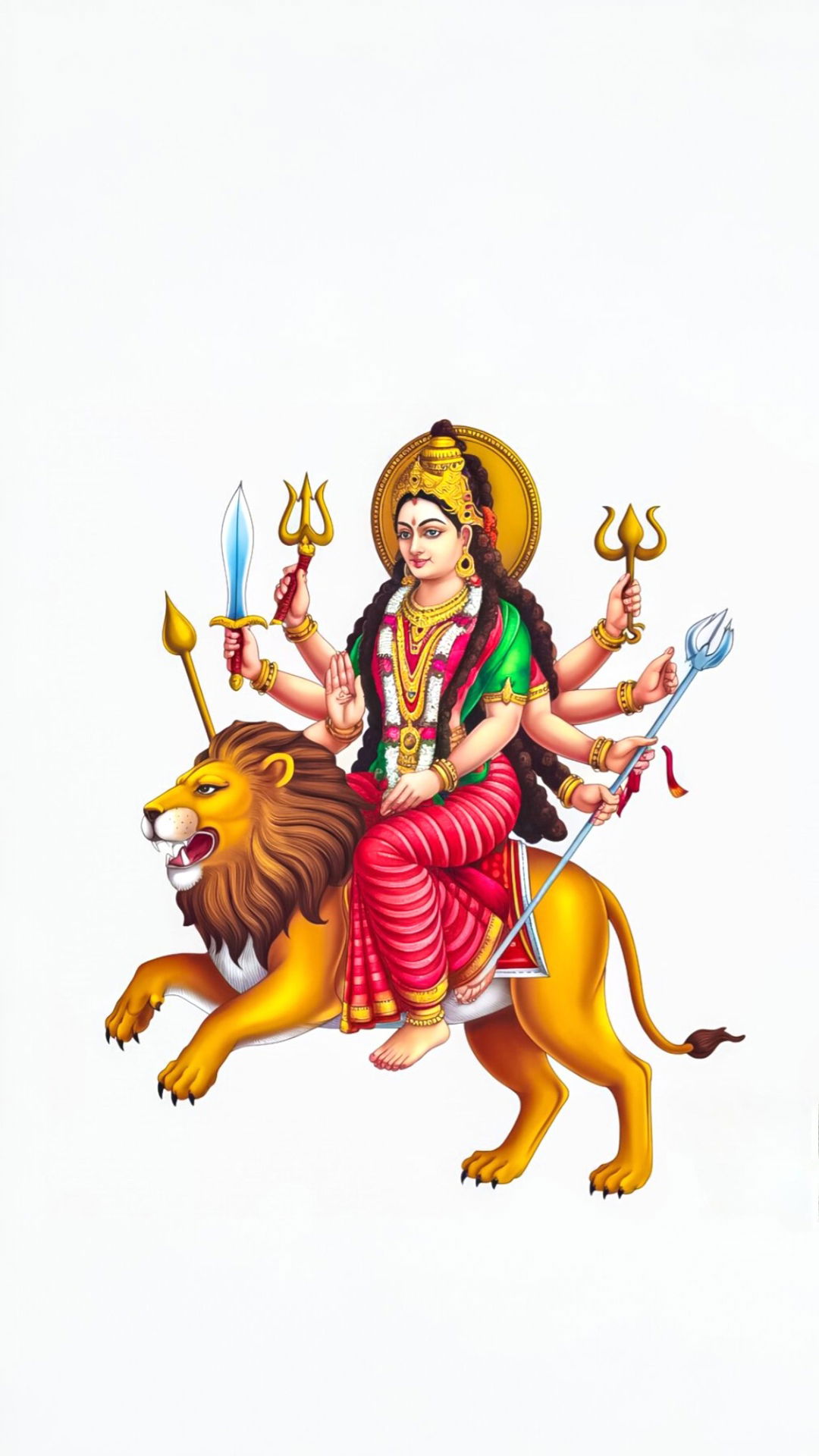 Durga Maa riding a majestic lion.