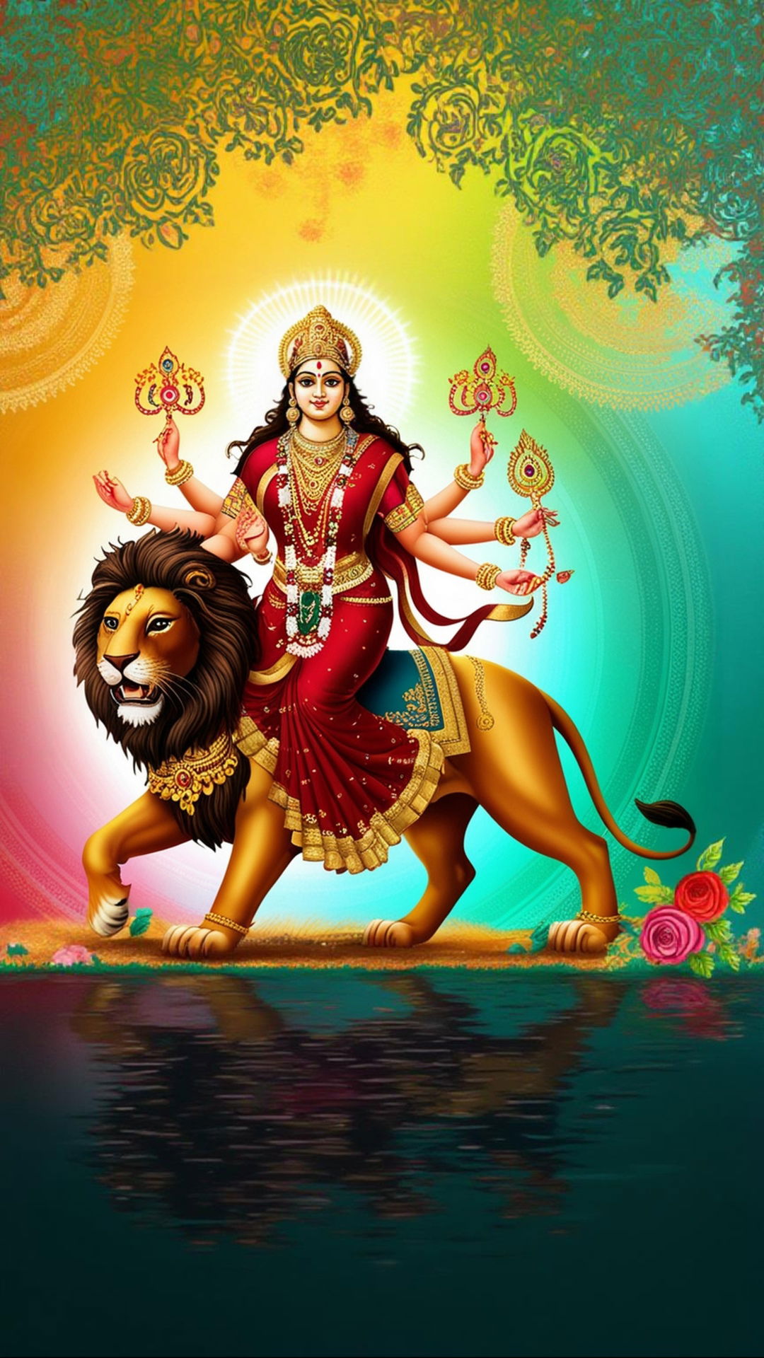 Durga Maa riding a lion, divine wallpaper