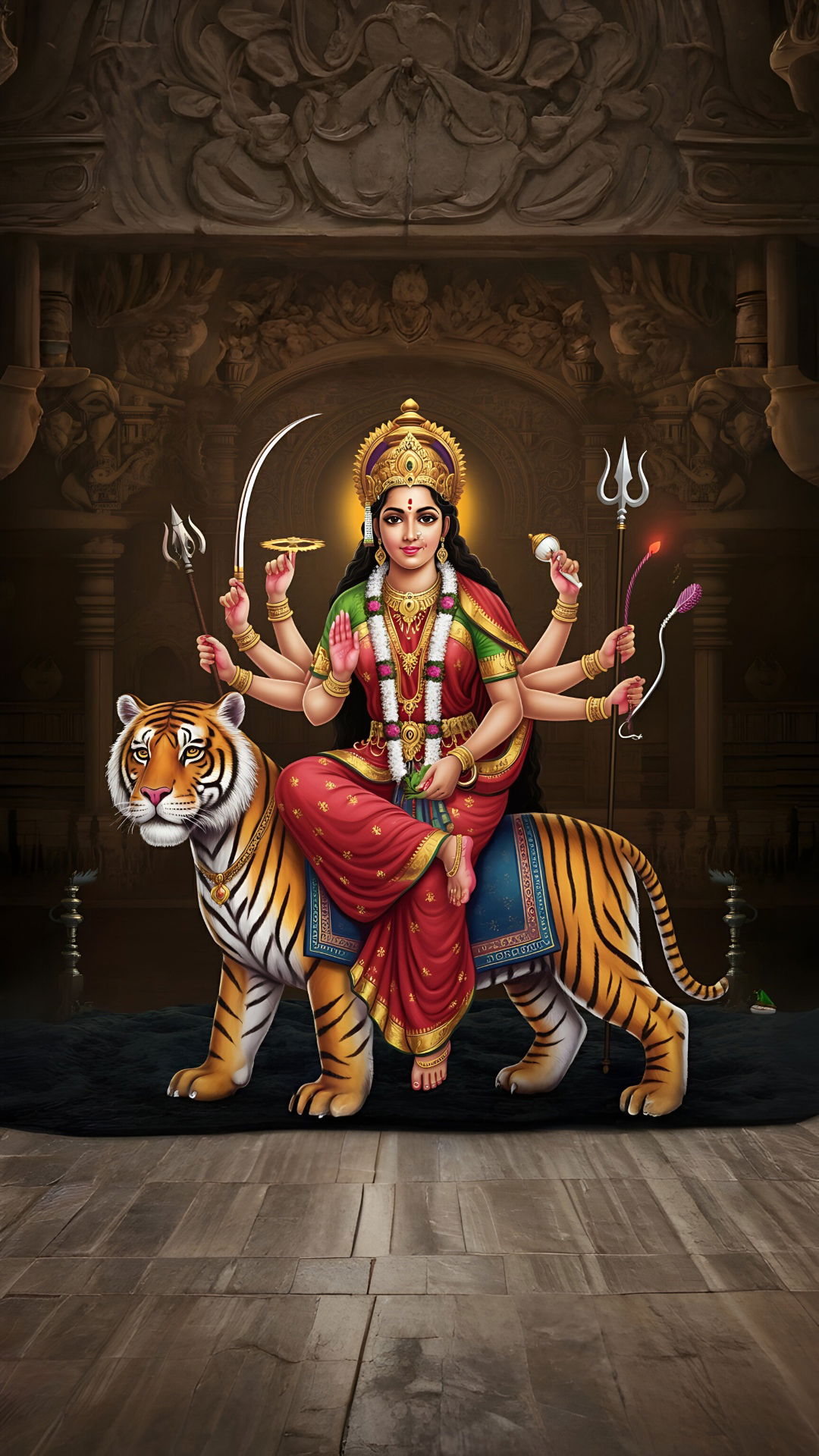 Durga Maa riding a tiger, holding weapons