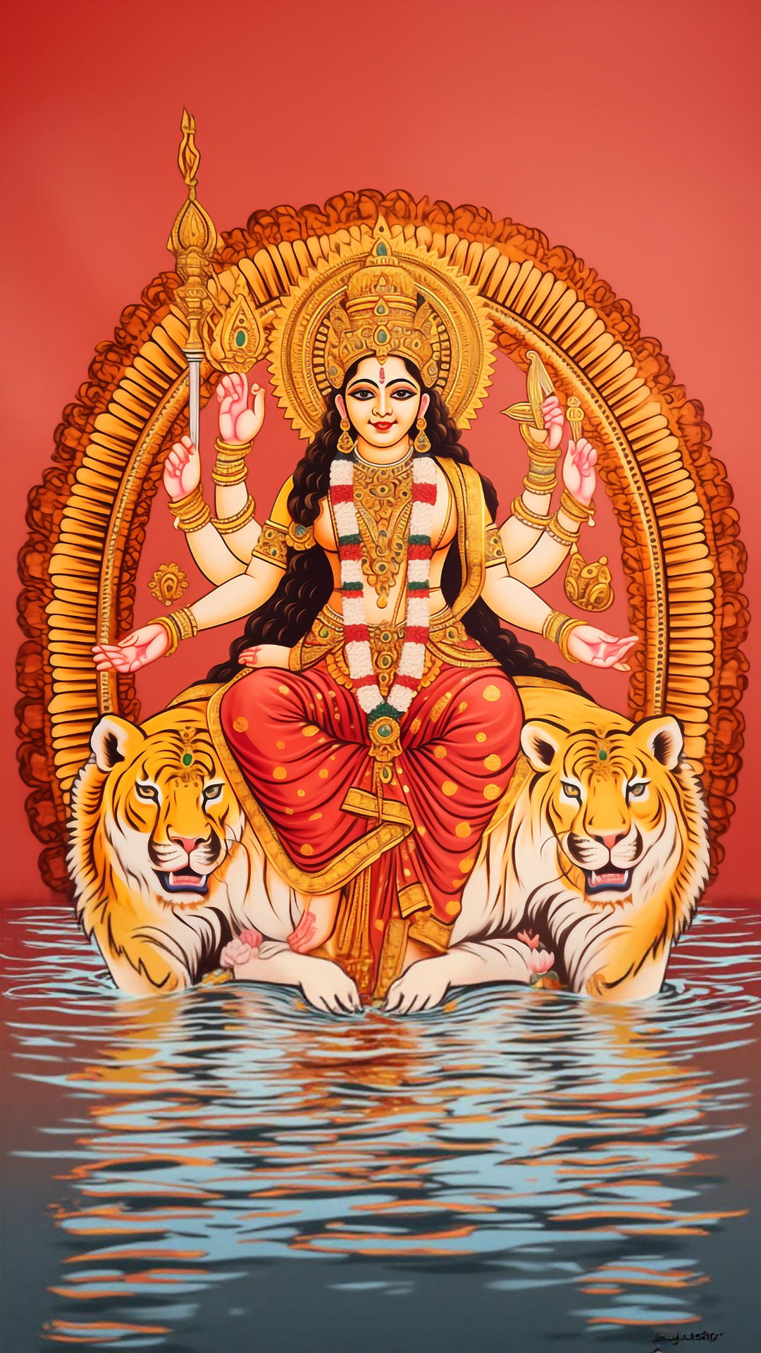 Durga Maa seated on lions, divine painting