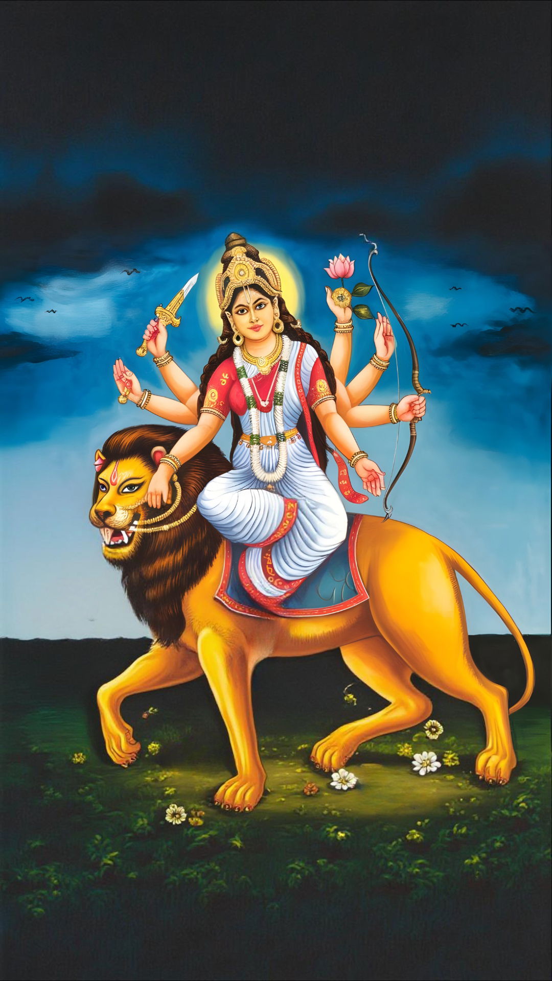 Durga Maa riding a lion, divine strength.