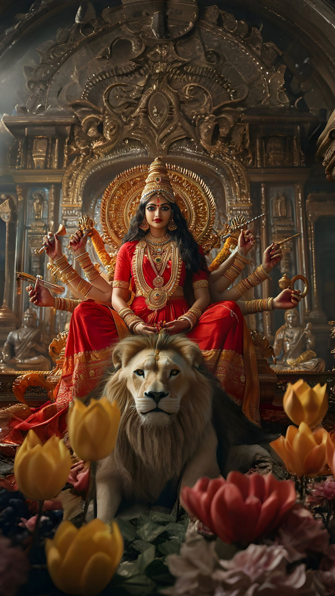 Durga Maa seated on a throne with lion