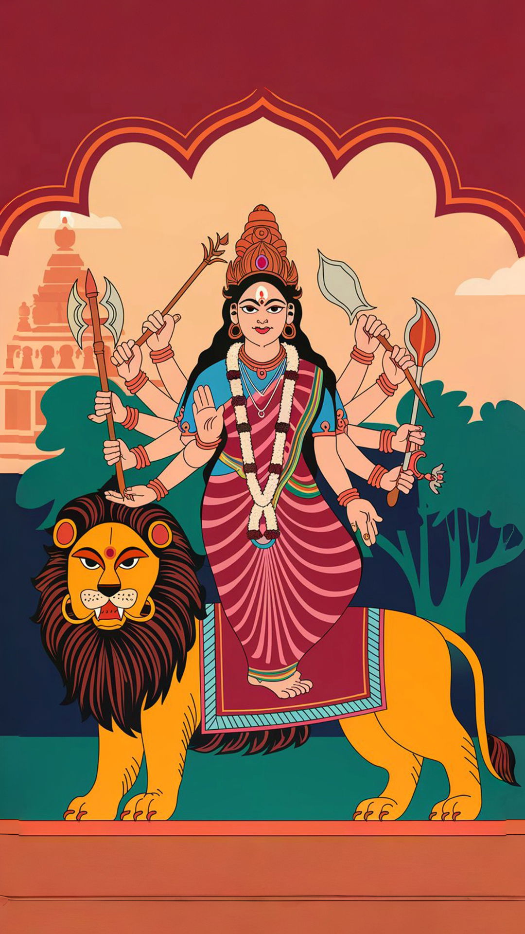 Durga Maa riding a lion, divine protection.