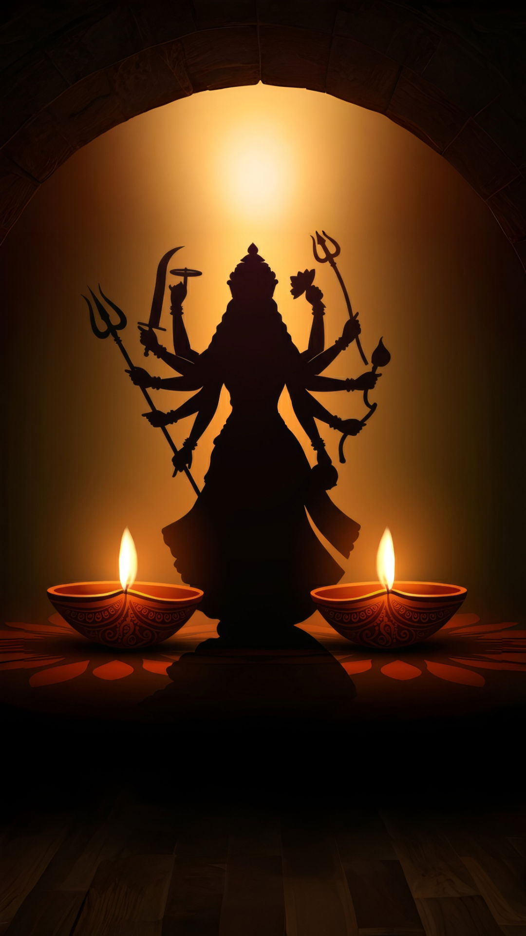 Durga Maa silhouette with glowing diyas