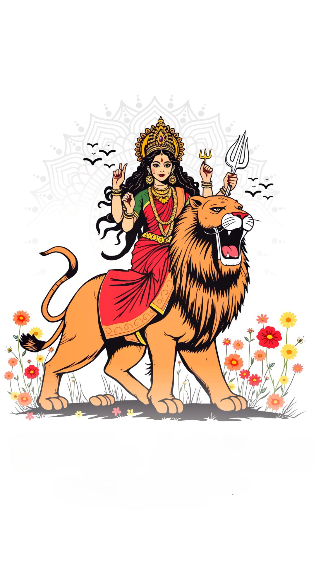 Durga Maa riding a majestic lion.