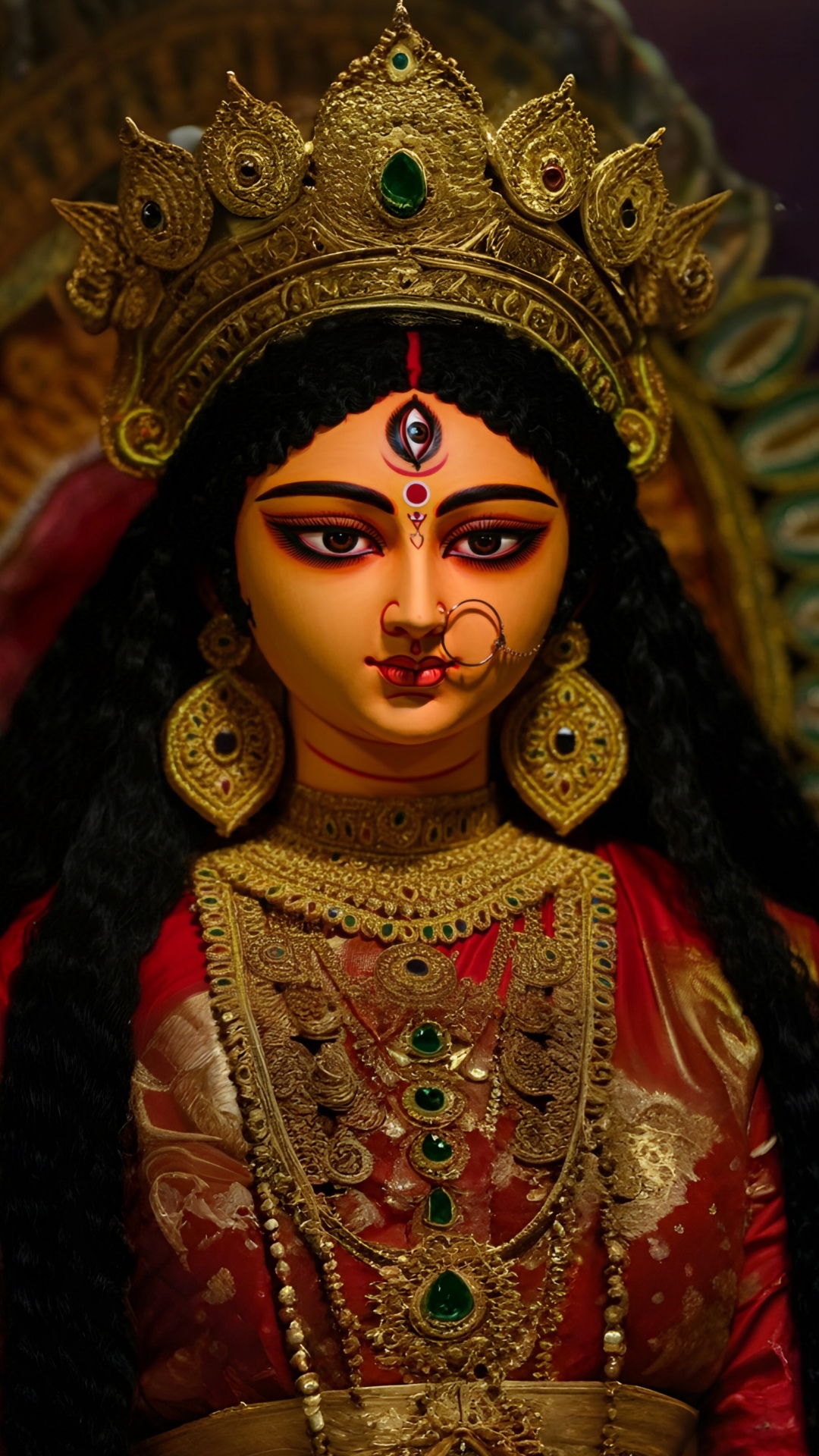 Close-up of Durga Maa\'s radiant face