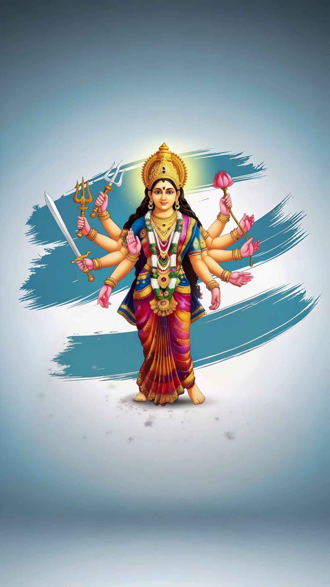 Durga Maa holds lotus and weapons
