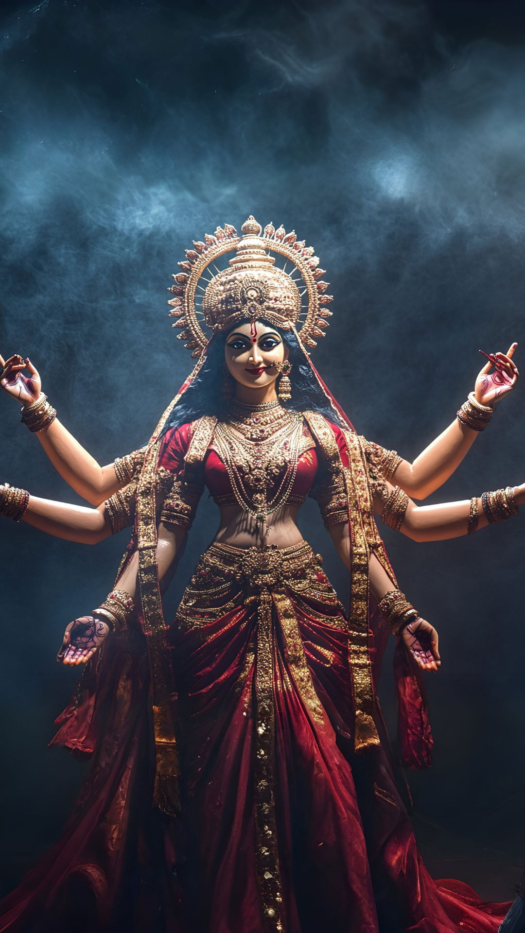 Goddess Durga in vibrant red saree
