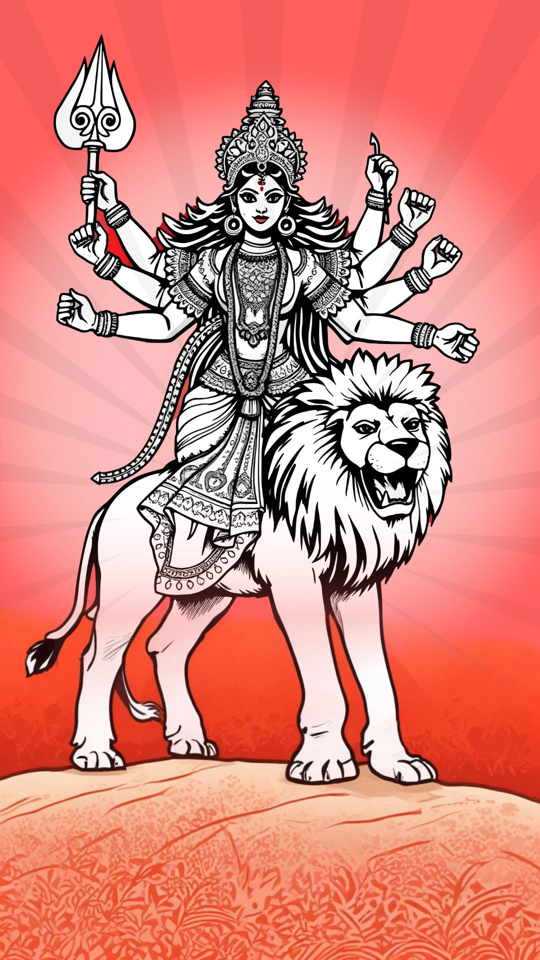 Goddess durga riding a majestic lion.