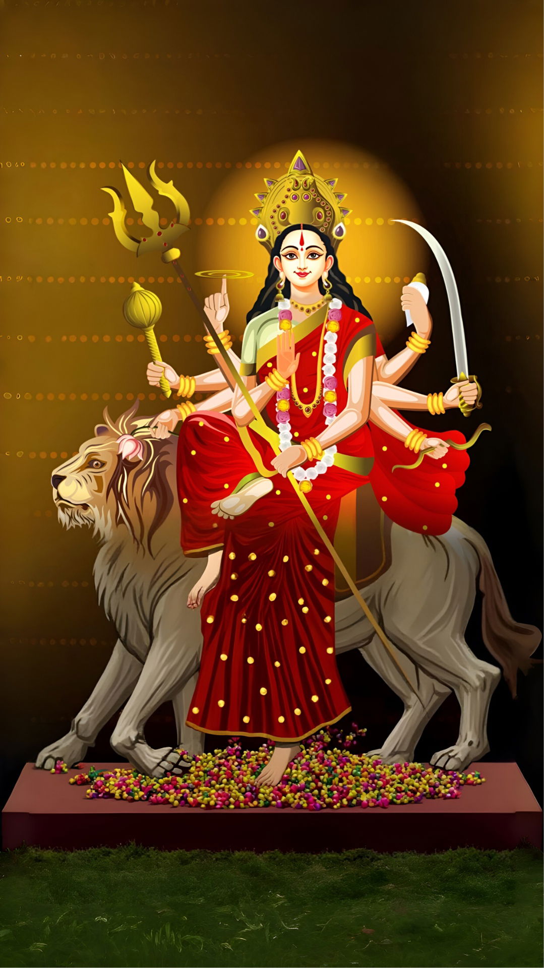 Durga Maa riding a majestic lion.