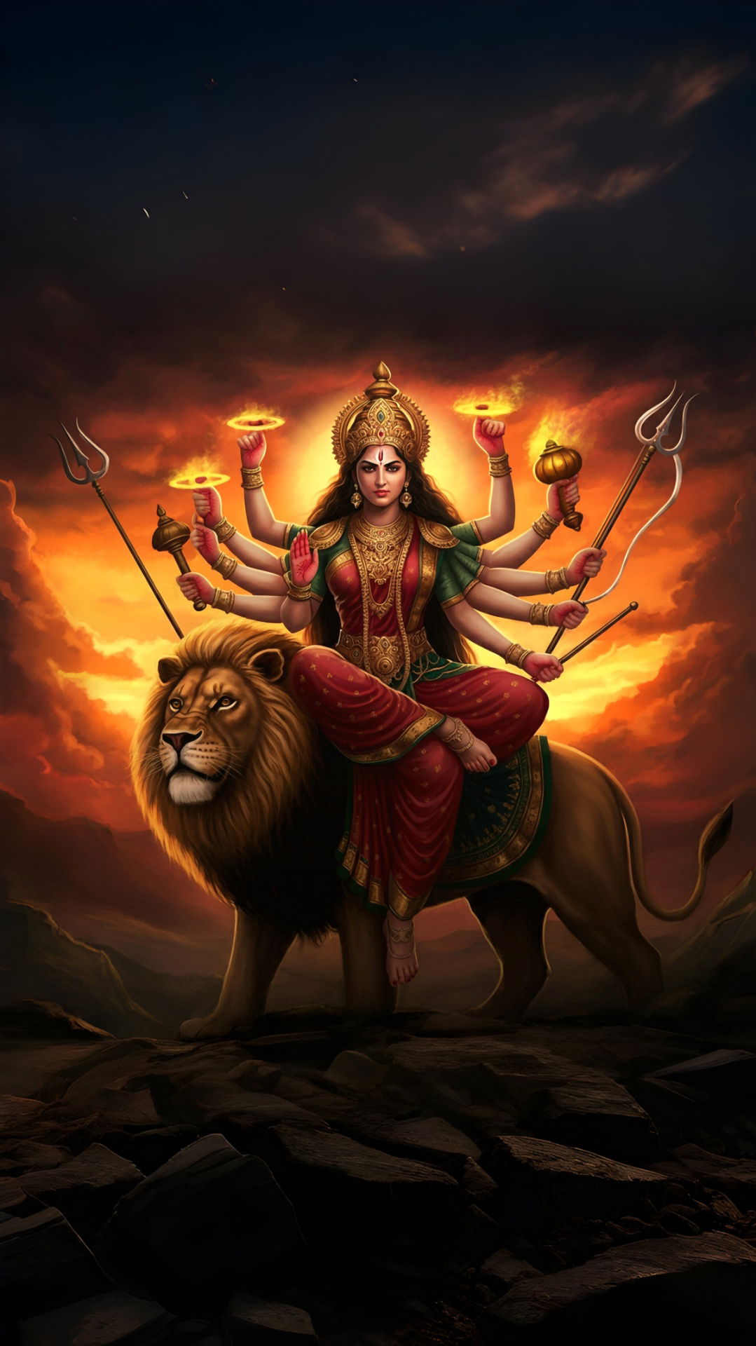 Durga Maa riding a majestic lion