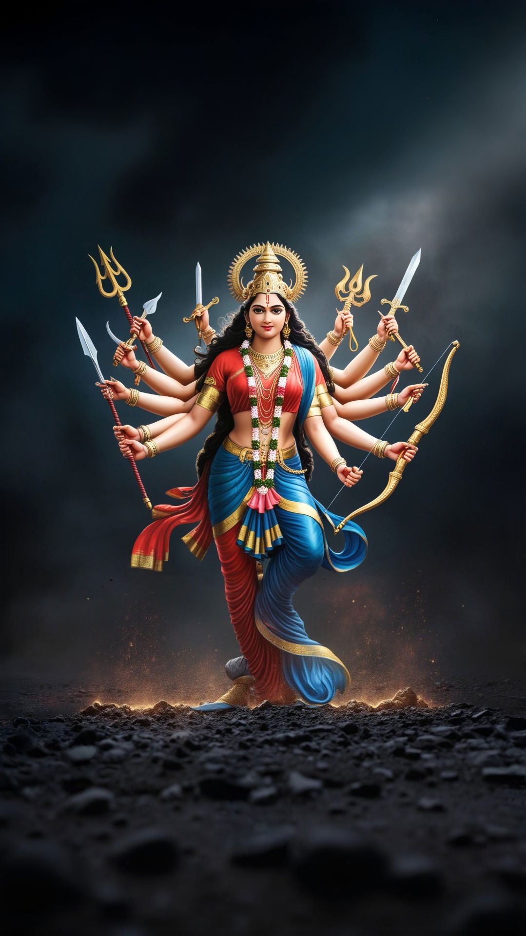 Goddess Durga with multiple arms and weapons