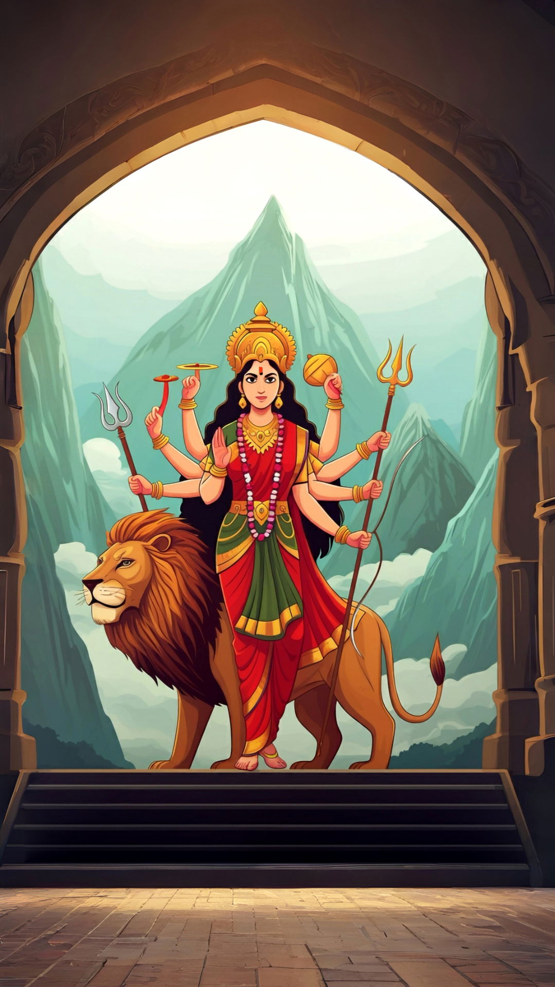 Durga Maa riding a lion, divine power.