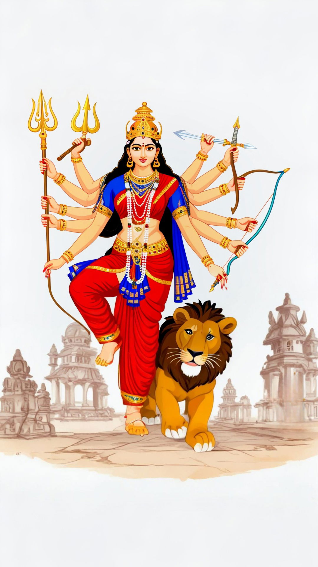 Durga Maa riding a majestic lion.