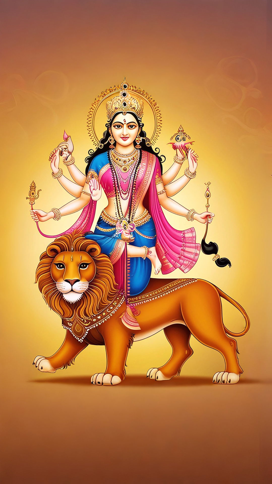 Durga Maa riding a majestic lion.