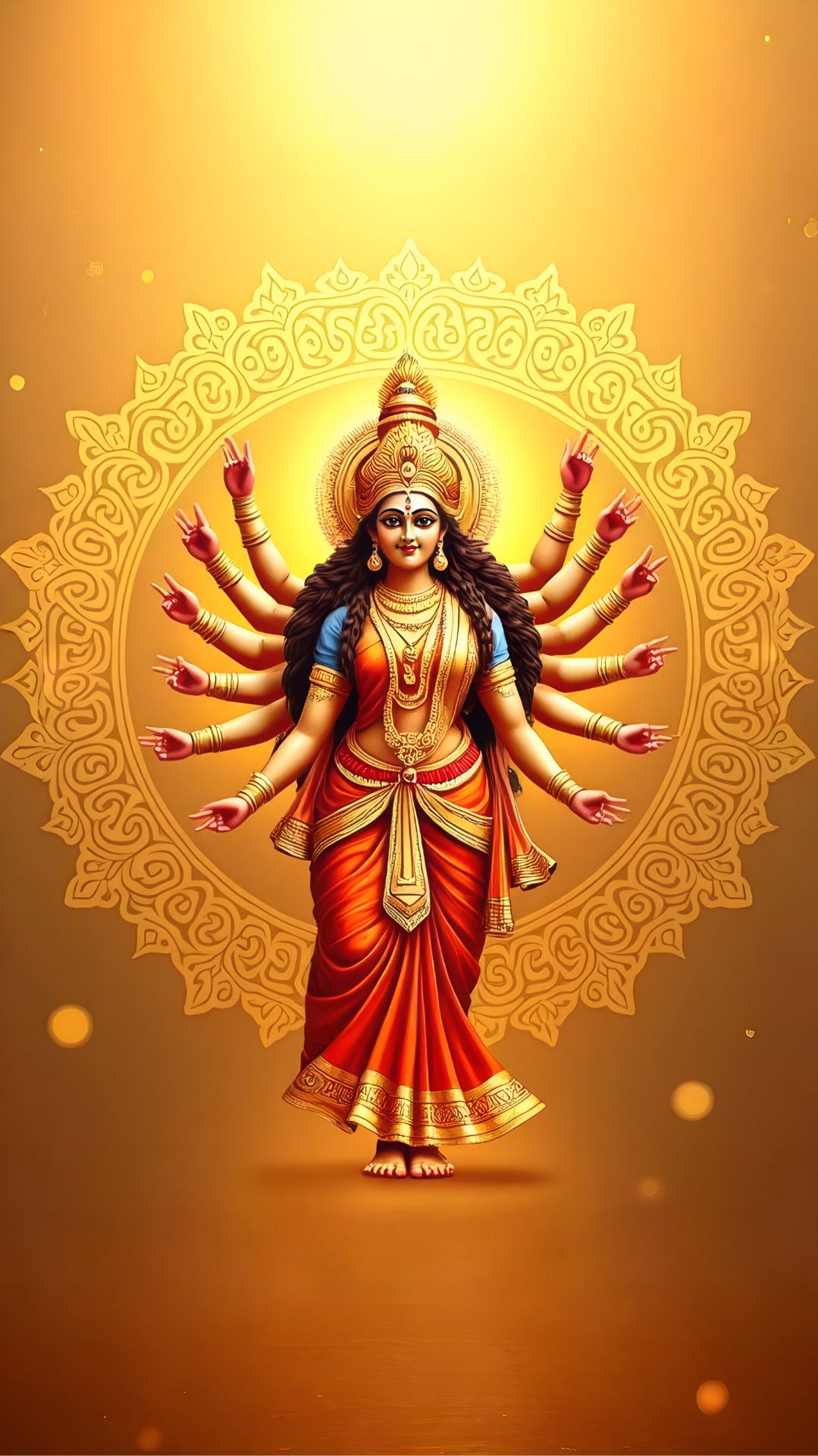 Goddess Durga with many arms and weapons.