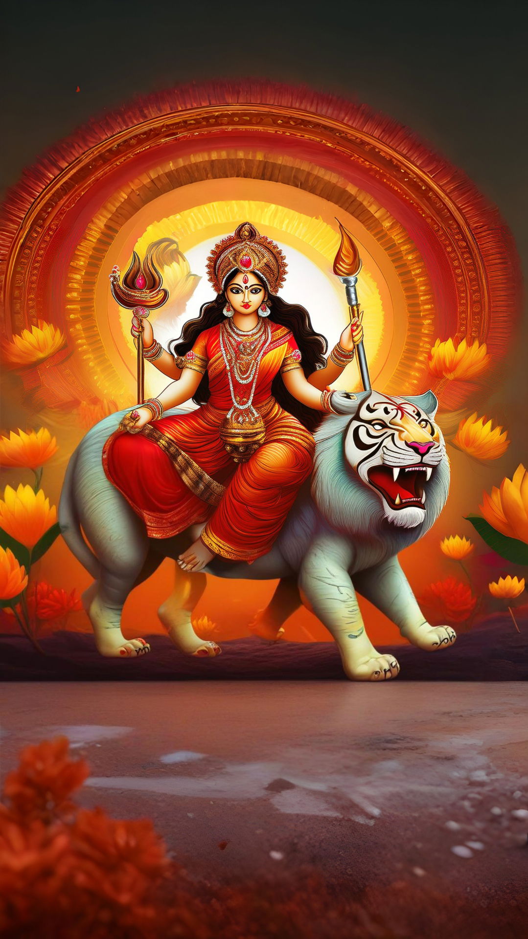Durga Maa riding a white tiger