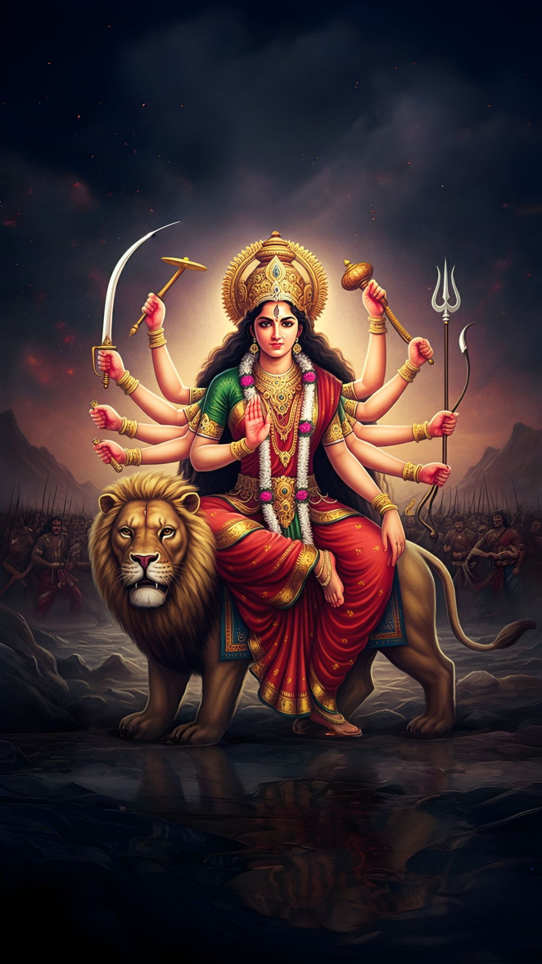 Durga Maa riding a majestic lion.
