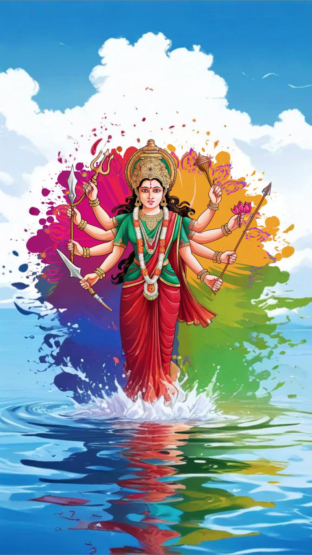 Durga Maa emerging from vibrant waters