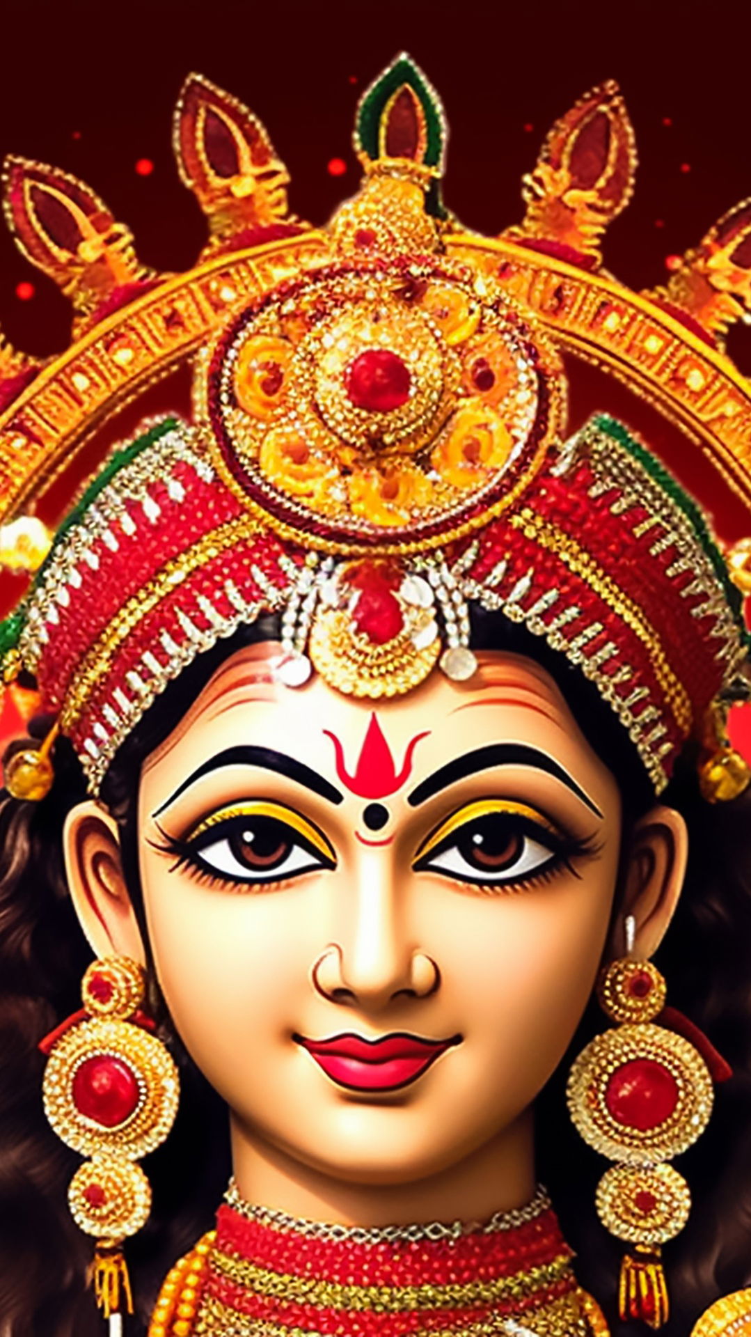 Close-up of Goddess Durga\'s radiant face.
