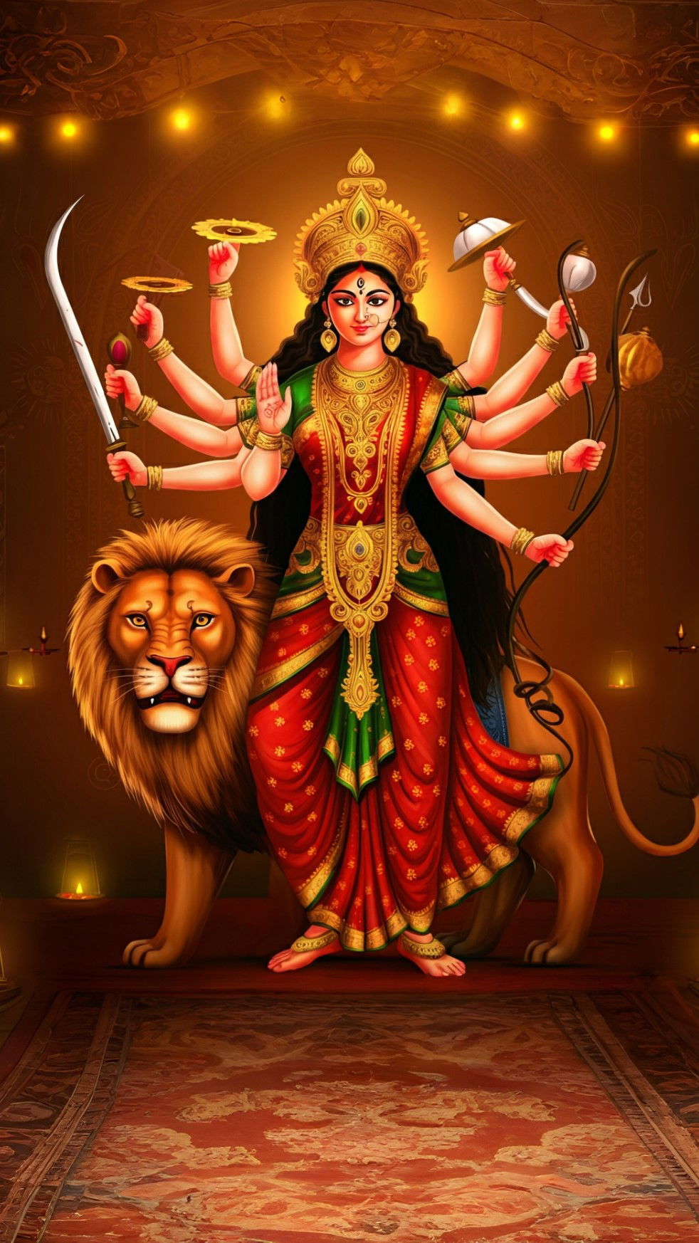 Durga Maa riding a lion, divine wallpaper
