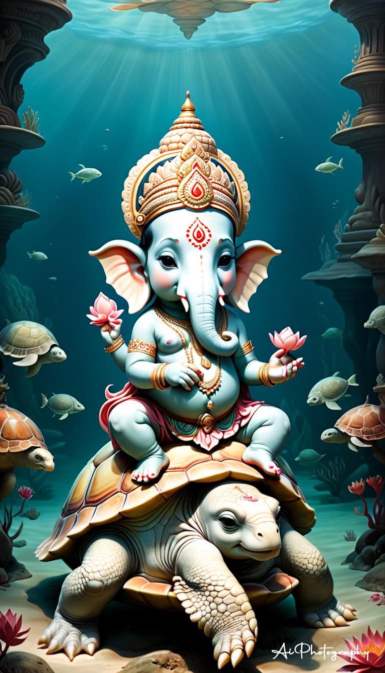Ganesha seated on a turtle underwater