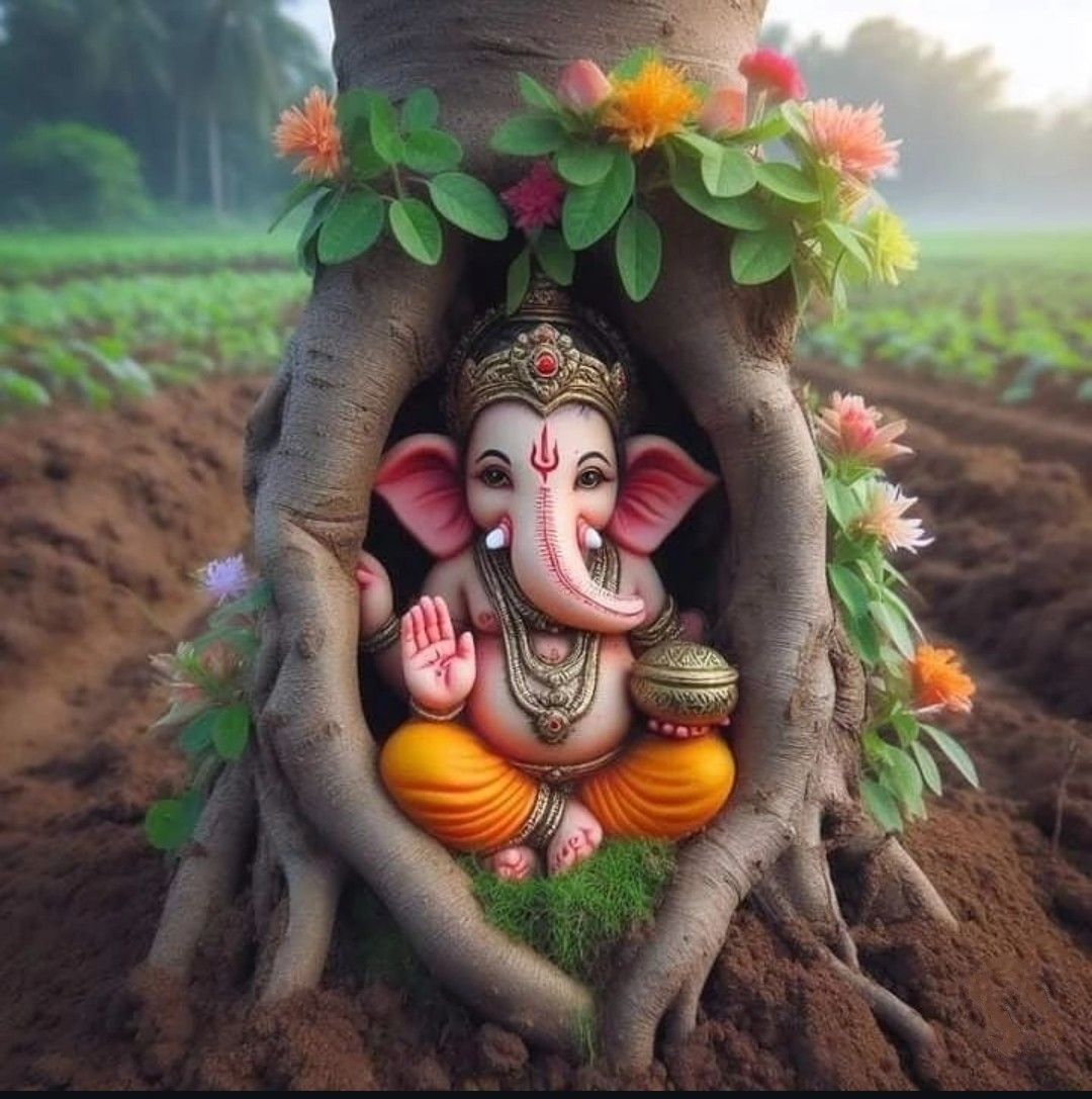 Ganesha seated within a tree trunk.