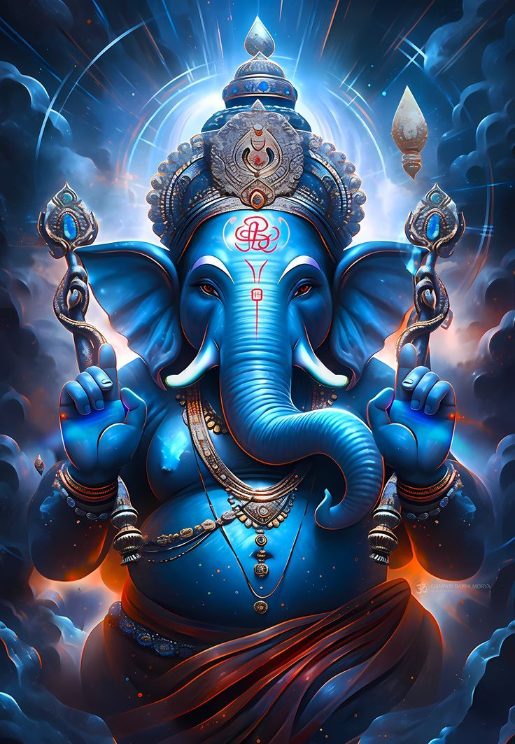 Blue-skinned Ganesha with cosmic backdrop.