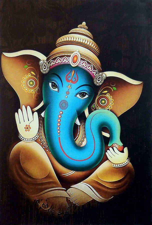 Blue-skinned Lord Ganesha painting close-up