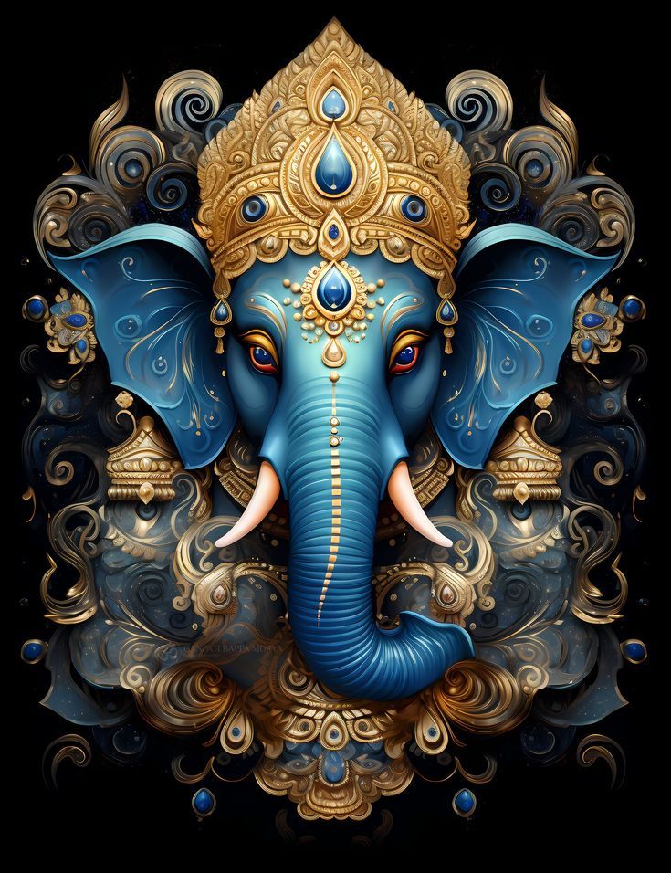 Blue-skinned Ganesha with golden crown