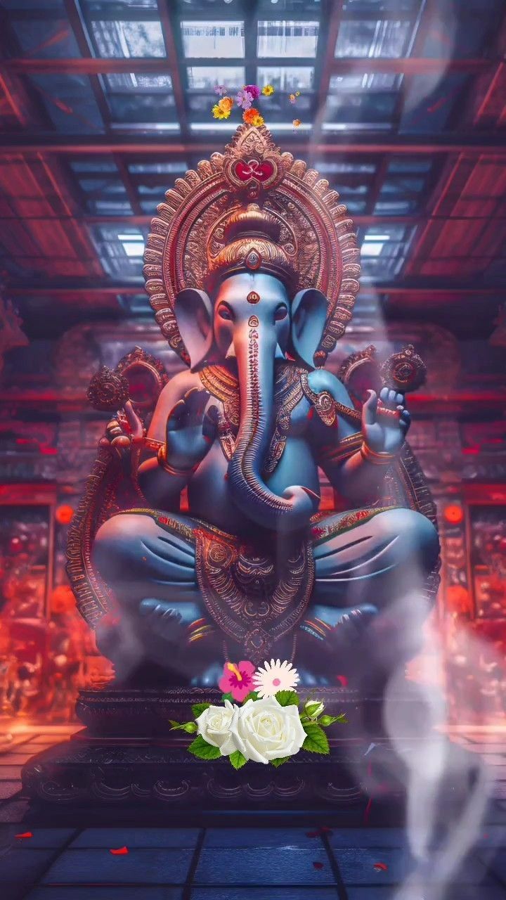 Blue Ganesha with flowers and temple backdrop